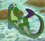  2017 anthro blue_eyes dragon female fish horn kodardragon looking_at_viewer marine pussy sea seaweed solo stone tongue tongue_out water 