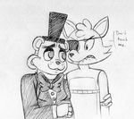  2015 :3 animatronic anthro bear black_and_white bow_tie canine dialogue duo english_text eye_contact eye_patch eyewear five_nights_at_freddy&#039;s fox foxy_(fnaf) freddy_(fnaf) hat hook_hand hug inkyfrog machine male mammal monochrome robot simple_background text top_hat traditional_media_(artwork) video_games white_background 