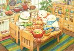  bird brick_wall chair food indoors kettle kitchen meal no_humans onigiri original penguin plant polar_bear potted_plant sitting slippers_removed st.kuma stove table traditional_media watercolor_(medium) 