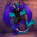  anthro clothed clothing coldesthands dragon hair hands_behind_head horn male solo standing wings 
