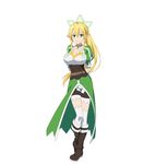  arms_behind_back blonde_hair boots breasts brown_footwear choker cleavage collarbone full_body green_eyes knee_boots large_breasts leafa long_hair looking_at_viewer official_art pointy_ears ponytail shorts simple_background smile solo standing sword_art_online thighhighs very_long_hair white_background white_legwear white_shorts 