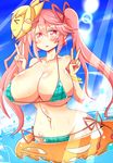  afloat bikini bracelet breasts character_mask double_v groin hata_no_kokoro highres huge_breasts innertube jewelry lens_flare long_hair open_mouth pink_hair red_eyes rindou_(p41neko) sideboob solo swimsuit touhou toyosatomimi_no_miko twintails underboob v water wide_hips 