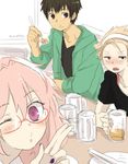  alcohol alternate_hairstyle arash_(fate) astolfo_(fate) beer bespectacled black_hair blonde_hair blue_eyes dark_skin dark_skinned_male fate/apocrypha fate/prototype fate/prototype:_fragments_of_blue_and_silver fate_(series) glasses highres jekyll_and_hyde_(fate) kamuran_ran long_hair looking_at_viewer multiple_boys one_eye_closed otoko_no_ko purple_eyes purple_hair red_eyes short_hair smile 
