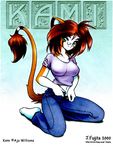  2000 avoid_posting breasts clothing eyewear feline female glasses green_eyes j_fujita jeans kamicheetah kneeling mammal midriff_showing old opening_pants panties pants scan shirt solo t-shirt teasing underwear undressing 