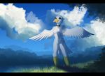  anthro avian beak black_bars breasts collar day feathered_wings feathers featureless_breasts featureless_crotch female grass kitchiki non-mammal_breasts outside sky smile solo standing wings 