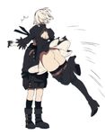  1girl ass black_dress black_footwear black_legwear blindfold boots breast_smother couple dress feather-trimmed_sleeves flat_ass gloves high_heel_boots high_heels juliet_sleeves kokutan_kitsunen long_sleeves nier_(series) nier_automata puffy_sleeves short_dress shorts silver_hair skindentation thigh_boots thighhighs upskirt yorha_no._2_type_b yorha_no._9_type_s 