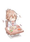  =_= blush_stickers bowl brown_hair chair commentary cup drinking_glass eating egg folded_ponytail food fork fujishima_shinnosuke inazuma_(kantai_collection) jam kantai_collection knife neckerchief plate salad school_uniform serafuku simple_background sitting solo sunny_side_up_egg table toast tomato white_background 