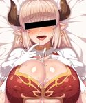  :d absurdres alicia_(granblue_fantasy) ankh ao_banana bangs bar_censor blunt_bangs blush breasts censored cleavage cleavage_cutout covered_nipples draph earrings eyebrows_visible_through_hair gloves granblue_fantasy half-closed_eyes highres horns huge_breasts identity_censor jewelry long_hair looking_at_viewer nose_blush open_mouth pointy_ears puffy_short_sleeves puffy_sleeves shiny shiny_skin short_sleeves sidelocks silver_hair smile solo sweat underboob white_gloves 
