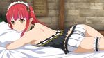  ass backless_outfit bare_back bed_sheet black_shirt blush brown_eyes game_cg headdress long_hair lying official_art on_stomach pillow pointy_ears rain_(sao) red_hair shirt short_shorts shorts sleeveless sleeveless_shirt solo striped striped_shorts sword_art_online thigh_strap white_shorts 