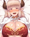  :d absurdres alicia_(granblue_fantasy) ankh ao_banana bangs blunt_bangs blush breasts brown_eyes cleavage cleavage_cutout covered_nipples cum draph earrings eyebrows_visible_through_hair gloves granblue_fantasy half-closed_eyes heart heart-shaped_pupils highres horns huge_breasts jewelry long_hair looking_at_viewer nose_blush open_mouth paizuri pointy_ears puffy_short_sleeves puffy_sleeves shiny shiny_skin short_sleeves sidelocks silver_hair smile solo sweat symbol-shaped_pupils underboob white_gloves 