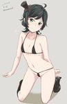  bare_arms bare_legs bare_shoulders bikini black_bikini black_footwear black_hair character_name dated flat_chest flying_sweatdrops green_eyes grey_background hat kantai_collection kichihachi matsukaze_(kantai_collection) micro_bikini mini_hat mini_top_hat shoes short_hair simple_background solo sweat swimsuit top_hat twitter_username 
