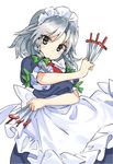  apron ascot blue_eyes blush bow braid dress grey_hair hair_bow holding holding_knife izayoi_sakuya knife knives_between_fingers looking_at_viewer maid_apron maid_headdress manarou short_hair solo touhou tsurime twin_braids 