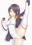  black_hair brown_eyes elleco emperor_penguin_(kemono_friends) headphones highleg highres jacket kemono_friends leg_lift leotard long_hair looking_at_viewer multicolored_hair open_clothes parted_lips solo split standing standing_on_one_leg standing_split thighhighs white_legwear white_leotard 