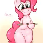  anthro bearra blue_eyes blush cookie cutie_mark earth_pony english_text equine female food friendship_is_magic fur gradient_background hair hi_res holding_object horse looking_at_viewer mammal my_little_pony pink_fur pink_hair pinkie_pie_(mlp) pony signature simple_background smile solo text white_background wide_hips 