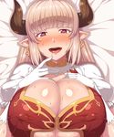  :d absurdres alicia_(granblue_fantasy) ankh ao_banana bangs blunt_bangs blush breasts brown_eyes cleavage cleavage_cutout covered_nipples draph earrings eyebrows_visible_through_hair gloves granblue_fantasy half-closed_eyes heart heart-shaped_pupils highres horns huge_breasts jewelry long_hair looking_at_viewer nose_blush open_mouth pointy_ears puffy_short_sleeves puffy_sleeves shiny shiny_skin short_sleeves sidelocks silver_hair smile solo sweat symbol-shaped_pupils underboob white_gloves 