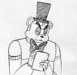  2015 animatronic anthro bear black_and_white bow_tie five_nights_at_freddy&#039;s freddy_(fnaf) frown hat holding_object inkyfrog ipad machine male mammal monochrome robot simple_background solo tablet top_hat traditional_media_(artwork) video_games white_background 