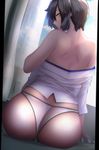  ass back bare_shoulders big.g black_hair closed_mouth commentary_request curtains day from_behind highres kaga_(kantai_collection) kantai_collection looking_at_viewer looking_back off_shoulder panties profile short_hair sitting solo sunlight underwear white_panties yellow_eyes 