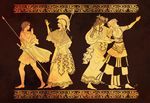  2boys 2girls artist_request athena_(mythology) breasts dionysus dress fine_art_parody greek_mythology minoan multiple_boys multiple_girls spear sword weapon 