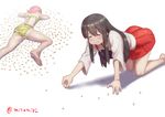  akagi_(kantai_collection) all_fours animal_print barefoot beans bikini black_hair eating faceplant feet hakama_skirt japanese_clothes kantai_collection kinu_(kantai_collection) long_hair lying misumi_(niku-kyu) multiple_girls muneate no_legwear on_stomach pleated_skirt red_hair red_skirt setsubun short_hair skirt soles swimsuit tasuki tiger_print toes twitter_username white_background 