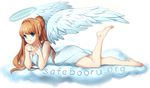  1girl angel barefoot blue_eyes breasts cloud full_body halo simple_background smile solo toes transparent_background web_address website wings 