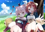  ;d atelier_(series) atelier_sophie bangs bare_shoulders blouse blue_sky blush boots breasts brown_eyes brown_hair closed_mouth cloud cloudy_sky coat commentary_request cornelia_(atelier) corset dalachi_(headdress) day eyebrows_visible_through_hair frilled_skirt frills head_scarf headpiece knees_together_feet_apart looking_at_viewer lying medium_breasts multiple_girls off_shoulder on_back one_eye_closed open_clothes open_coat open_mouth outdoors outstretched_arm pink_eyes red_skirt short_hair silver_hair sitting skirt sky smile sophie_neuenmuller tousaki_shiina tree white_blouse 