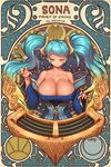  bare_shoulders beamed_sixteenth_notes blue_hair breasts bursting_breasts cleavage closed_eyes collarbone commentary detached_sleeves dress english etwahl hair_ornament highres huge_breasts league_of_legends long_hair low_neckline multicolored_hair musical_note nestkeeper off_shoulder quarter_note sixteenth_note smile solo sona_buvelle star starry_background strapless strapless_dress treble_clef twintails two-tone_hair upper_body 