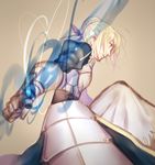  armor armored_dress artoria_pendragon_(all) blonde_hair braid colored_eyelashes fate/stay_night fate_(series) french_braid highres invisible_air juliet_sleeves long_sleeves nashoki puffy_sleeves saber sketch solo tan_background 