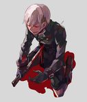  blindfold_removed blood bloody_weapon boots choker commentary deep_wound from_above full_body gloves glowing glowing_eyes grey_background holding holding_weapon impaled injury ishiwari kneehighs kneeling long_sleeves male_focus nier_(series) nier_automata pool_of_blood red_eyes shorts simple_background smile solo spoilers stabbed sword weapon yorha_no._9_type_s 