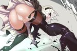  ass bent_over black_dress blindfold boots dress feather-trimmed_sleeves from_behind gloves hairband high_heels leotard nier_(series) nier_automata partially_visible_anus partially_visible_vulva skirt solo thigh_boots thighhighs tomoyuki_kotani white_hair yorha_no._2_type_b 