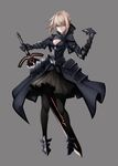  armor armored_dress artoria_pendragon_(all) bad_id bad_twitter_id black_armor black_legwear blonde_hair commentary_request dark_excalibur dark_persona fate/stay_night fate_(series) gothic_lolita grey_background highres holding holding_weapon inaba_sunimi lolita_fashion saber_alter simple_background solo sword weapon yellow_eyes 