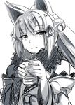  animal_ears bare_shoulders bell bow commentary_request cup eyebrows_visible_through_hair eyelashes fur hair_bow jingle_bell lolicept long_hair looking_to_the_side monochrome mug original sketch 