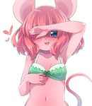  animal_ears arm_up armpits blue_eyes blush bra breasts commentary covering covering_face covering_one_eye furry green_bra hair_over_one_eye hand_on_own_chest mouse_ears mouse_girl mouse_tail navel no_shirt open_mouth original pink_hair short_hair small_breasts smile solo tail tail_raised underwear underwear_only upper_body yuuki_(yuyuki000) 