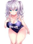  blue_eyes breasts cleavage competition_school_swimsuit eyebrows_visible_through_hair from_above hair_between_eyes hand_on_own_chest hat highres kantai_collection kashima_(kantai_collection) large_breasts long_hair looking_at_viewer name_tag one-piece_swimsuit plump school_swimsuit silver_hair simple_background solo swimsuit thick_thighs thighs tsukumiya_amane two_side_up wet white_background wide_hips 