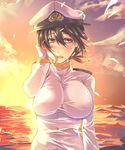 black_hair breasts brown_eyes female_admiral_(kantai_collection) gloves hand_in_hair highres kage_(kagetuki00) kantai_collection large_breasts military military_uniform naval_uniform ocean ponytail solo sunset uniform 