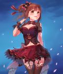  arm_behind_back bangs black_legwear blue_background blush bow breasts brown_eyes brown_hair bustier capelet cleavage cowboy_shot earrings garter_straps hair_bow hair_tucking heart heart_earrings idolmaster idolmaster_cinderella_girls idolmaster_cinderella_girls_starlight_stage igarashi_kyouko jewelry kamille_(vcx68) lace lace-trimmed_thighhighs lace_trim long_hair looking_at_viewer medium_breasts midriff navel parted_lips red_skirt short_sleeves shoulder_cutout side_ponytail skirt skirt_set smile solo thighhighs wrist_cuffs 