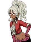  bad_id bad_pixiv_id bandaged_arm bandages breasts dark_skin dragon_quest dragon_quest_x earrings jewelry looking_at_viewer medium_breasts midriff navel parumezan ponytail purple_eyes silver_hair simple_background solo white_background 