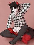  anthro black_fur black_hair black_nose border_collie canine clothed clothing collie cuntboy dog fluffy fluffy_tail fur grin hair hair_tuft hand_behind_head intersex invalid_tag looking_to_side male mammal marjani muscular partially_clothed plaid_shirt pussy red_eyes red_fur shirt simple_background sitting smile solo underwear white_fur 