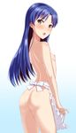  apron ass blue_hair blush brown_eyes commentary_request dan_(orange_train) flat_chest gradient gradient_background idolmaster idolmaster_(classic) kisaragi_chihaya long_hair looking_back naked_apron nipples open_mouth solo topless 