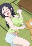  black_hair blush breasts commentary_request demi-chan_wa_kataritai doll eyebrows glasses gobanme_no_mayoi_neko highres long_hair open_mouth purple_eyes ruler satou_sakie shorts solo table tank_top tatami wooden_table 