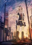  absurdres black_legwear black_serafuku black_skirt blonde_hair building commentary_request highres kaamin_(mariarose753) kantai_collection long_hair red_eyes remodel_(kantai_collection) scarf school_uniform serafuku short_sleeves skirt smile solo sunset white_scarf yuudachi_(kantai_collection) 