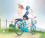  alternate_costume animal_ears arm_support bare_shoulders bicycle bicycle_basket blue_eyes blue_hair breasts cat_ears contemporary day dress fence food grass ground_vehicle hair_ornament hair_over_one_eye hand_on_headwear hat highres holding looking_at_viewer medium_breasts multiple_girls multiple_riders pink_eyes pink_hair popsicle ram_(re:zero) re:zero_kara_hajimeru_isekai_seikatsu rem_(re:zero) rock saruno_(eyesonly712) shoes short_hair shorts shoulders siblings sidesaddle sisters sky sneakers strapless strapless_dress straw_hat suspenders twins x_hair_ornament 