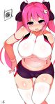  :o arm_behind_back bare_shoulders beatmania beatmania_iidx blush breasts cameltoe hand_on_hip highres hips jakko large_breasts long_hair looking_at_viewer midriff pink_eyes pink_hair round_teeth short_shorts shorts simple_background solo spoken_squiggle squiggle teeth thigh_gap thighhighs thighs white_background white_legwear 