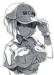  baseball_cap breasts commentary_request eyelashes gloves greyscale hat lolicept looking_at_viewer monochrome original shinjin-chan_(lolicept) short_hair underboob uniform 