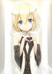  bangs blonde_hair blue_eyes blush closed_mouth commentary commentary_request detached_sleeves dress eyebrows_visible_through_hair flat_chest hair_between_eyes hands_up heart heart_hands heijialan light_smile looking_at_viewer original see-through_silhouette short_hair solo tareme upper_body white_dress 