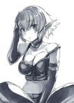  adjusting_hair armband belt breasts choker collarbone commentary_request elbow_gloves elf eyebrows_visible_through_hair eyelashes gloves greyscale large_breasts lolicept looking_at_viewer midriff monochrome navel original pointy_ears short_hair simple_background sitting solo 