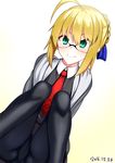  2016 ahoge alternate_costume arm_support artoria_pendragon_(all) black_legwear blonde_hair blush cosplay dated fate/grand_order fate/stay_night fate_(series) glasses green_eyes mash_kyrielight mash_kyrielight_(cosplay) necktie pantyhose red_neckwear saber semi-rimless_eyewear skylader smile solo thighs white_background 