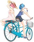  alternate_costume animal_ears arm_support bare_shoulders bicycle bicycle_basket blue_eyes blue_hair breasts cat_ears contemporary dress food ground_vehicle hair_ornament hair_over_one_eye hand_on_headwear hat highres holding looking_at_viewer medium_breasts multiple_girls multiple_riders pink_eyes pink_hair popsicle ram_(re:zero) re:zero_kara_hajimeru_isekai_seikatsu rem_(re:zero) saruno_(eyesonly712) shoes short_hair shorts shoulders siblings sidesaddle sisters sneakers strapless strapless_dress straw_hat suspenders twins white_background x_hair_ornament 