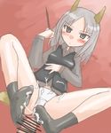  1girl animal_ears ass breasts brown_eyes cum cum_on_lower_body dog_ears dog_tail edytha_rossmann feet footjob higezamurai_(kurage_gunsou) no_shoes nude short_hair silver_hair small_breasts socks solo strike_witches tail world_witches_series 