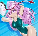  armpits arms_behind_head arms_up blush breasts closed_mouth commentary_request competition_swimsuit expressionless hata_no_kokoro highleg highleg_swimsuit long_hair looking_at_viewer mask mask_on_head medium_breasts one-piece_swimsuit pink_eyes pink_hair shiny shiny_clothes solo swimsuit touhou winn youkai 