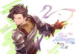  anniversary armor brown_hair cigarette countdown facial_hair from_above gloves granblue_fantasy grin highres looking_at_viewer looking_back male_focus minaba_hideo official_art rackam_(granblue_fantasy) smile smoke solo stubble sword upper_body weapon 